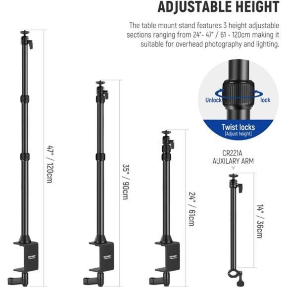 Tabletop Camera Mount Stand with Flexible Arm, Overhead Height Adjustable Stand - Picture 3 of 6
